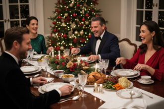 Groupe de quatre adultes souriants lors d un dîner festif