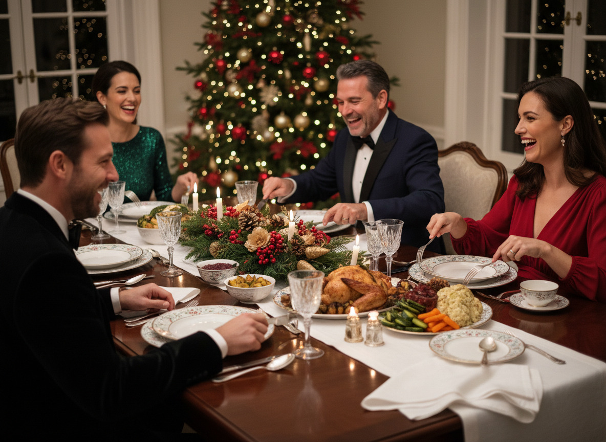 Groupe de quatre adultes souriants lors d un dîner festif