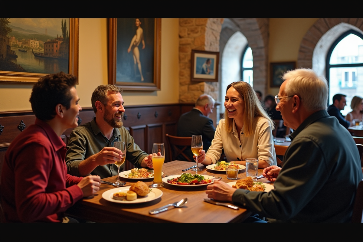 Groupe d amis partageant un repas dans restaurant ancien