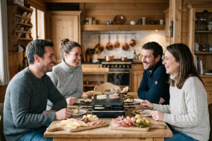 Groupe d'adultes préparant une raclette dans une salle chaleureuse
