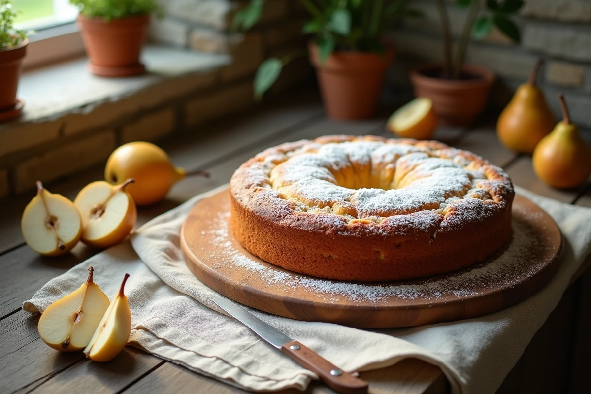 Gâteau aux poires rustique sur planche en bois