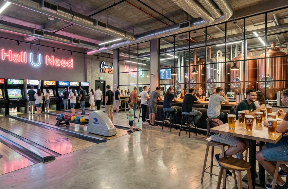 Vaste complexe de loisirs Hall U Need en Seine-et-Marne, réunissant des pistes de bowling, des jeux d'arcade et un bar à bières artisanales avec des cuves en inox visibles derrière une vitre, dans une ambiance industrielle contemporaine animée.