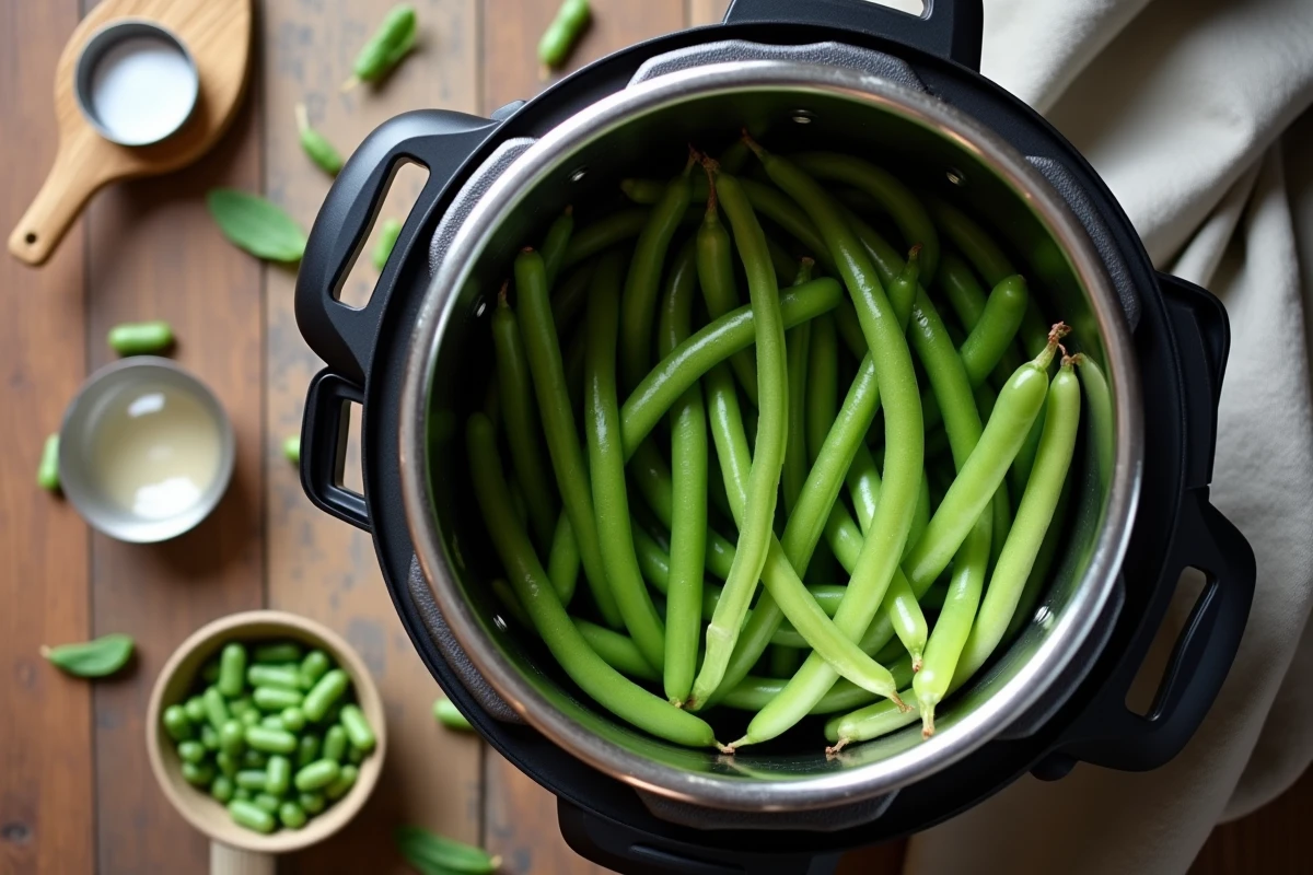 Vue de dessus de haricots verts frais dans une cocotte minute ouverte prête pour la cuisson
