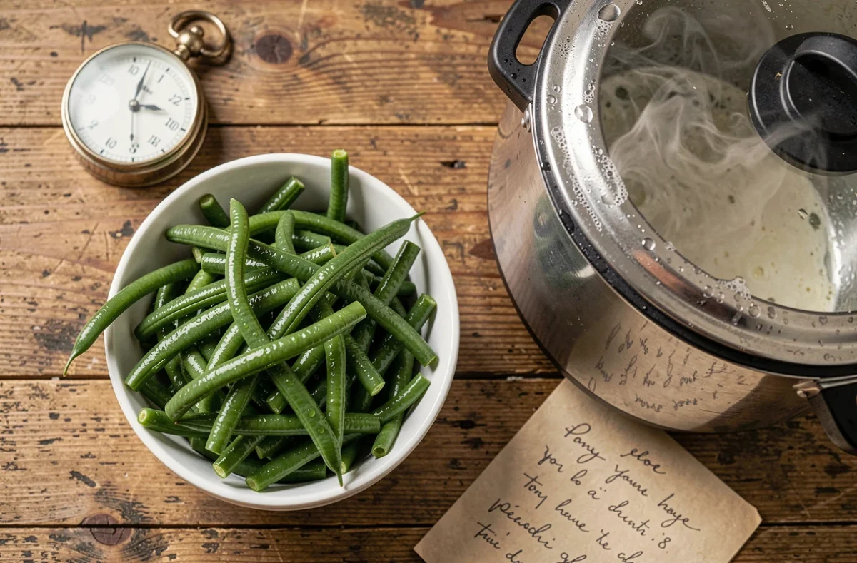 Bol de haricots verts cuits à la cocotte minute posé sur une table en bois rustique avec minuteur et fiche de cuisson