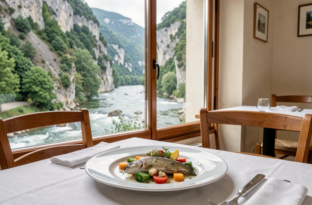 Plat de truite locale du Haut-Allier à Pont-d'Alleyras, table en fenêtre avec vue sur les gorges verdoyantes de la rivière Allier