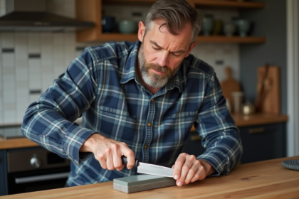 Homme d'âge moyen affûtant un couteau de cuisine dans une cuisine moderne