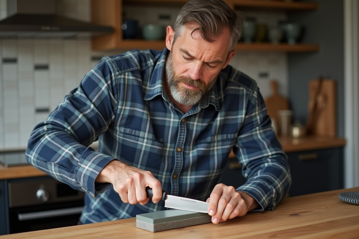Homme d'âge moyen affûtant un couteau de cuisine dans une cuisine moderne