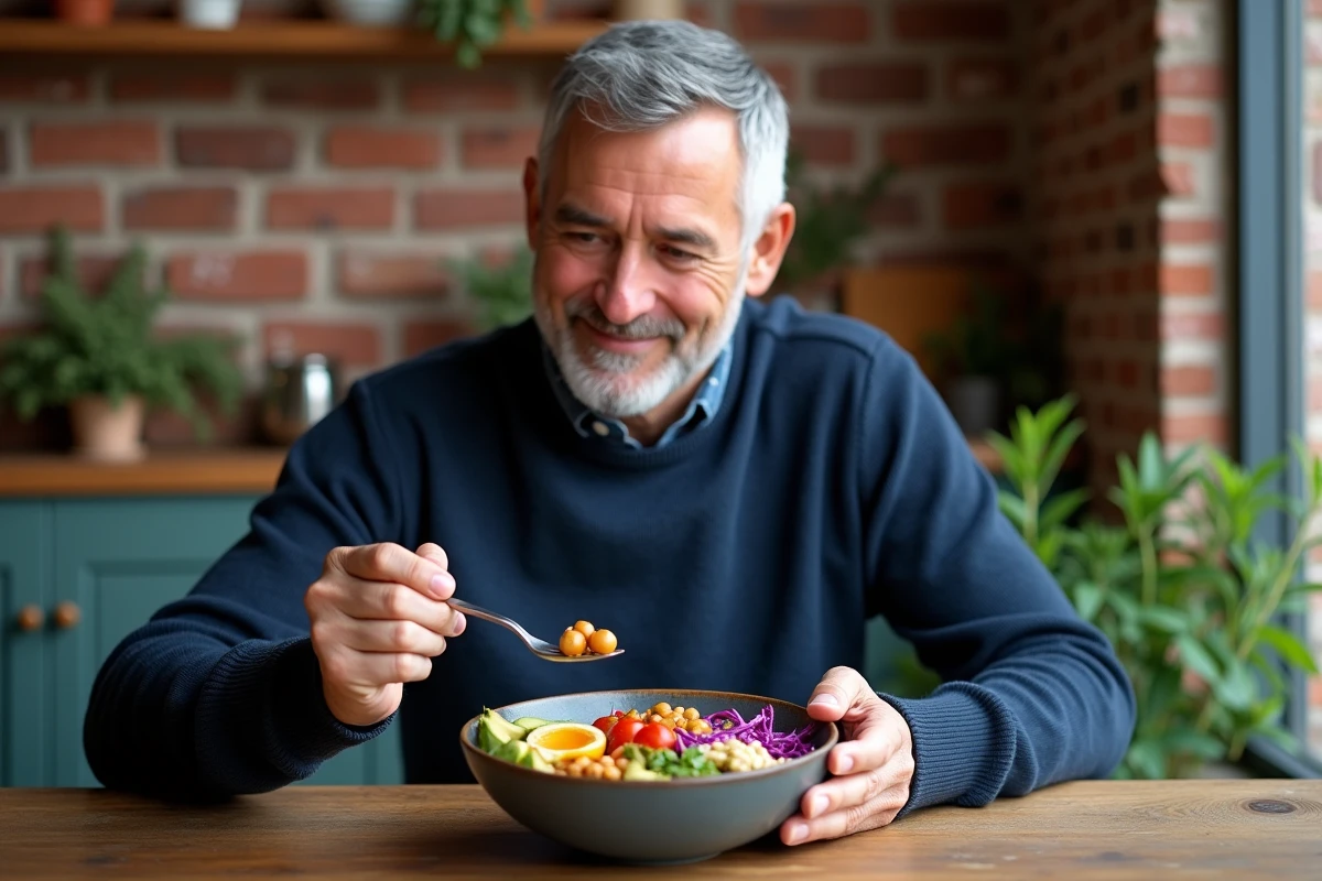 Homme dégustant un Buddha bowl sain et coloré dans une cuisine conviviale