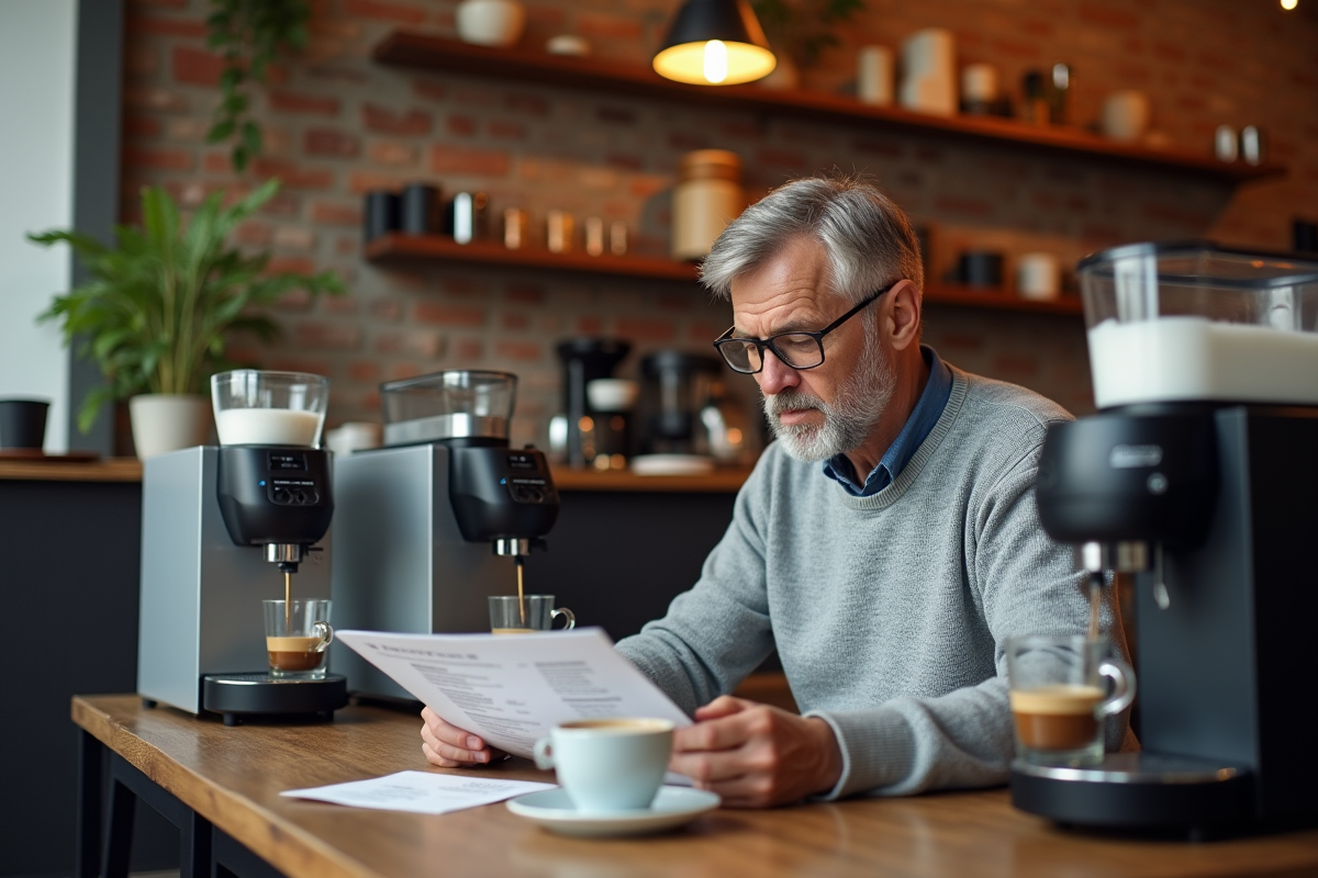 Homme comparant trois machines à café dans un café urbain chaleureux