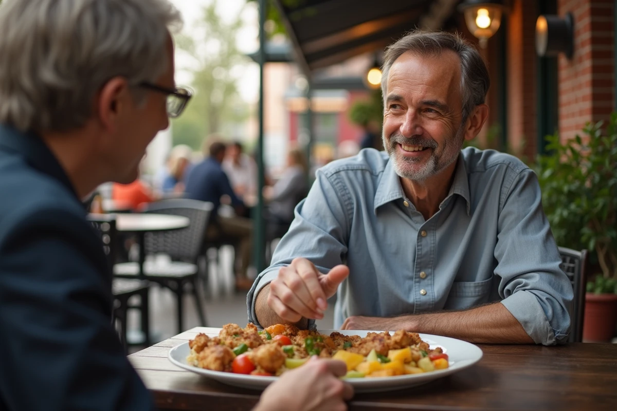 Homme discutant autour d un plat Tyko en terrasse de café