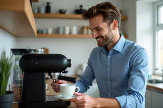 Homme avec tasse de cafe dans cuisine moderne lumineuse