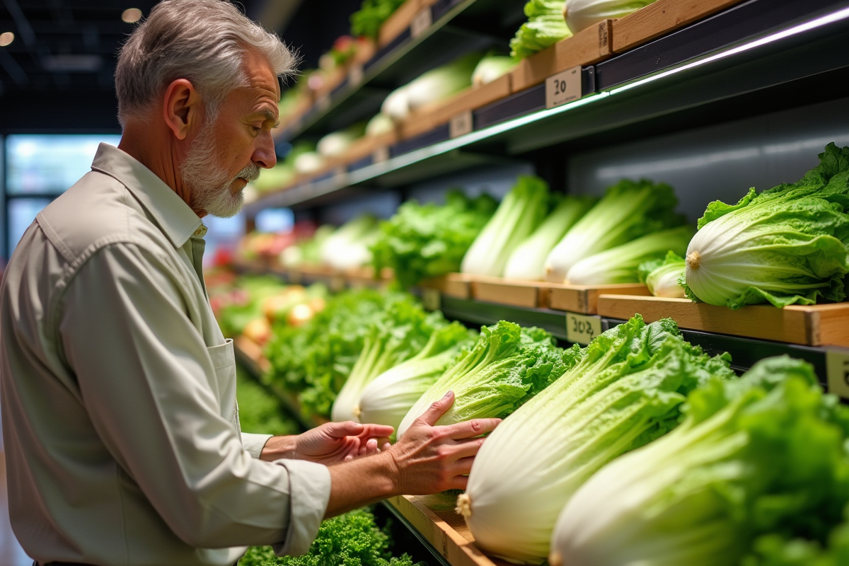 Homme choisissant des laitues variées dans un supermarché
