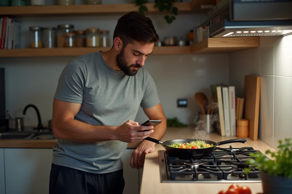 Homme cuisinant un repas rapide et léger en semaine en consultant une recette sur smartphone