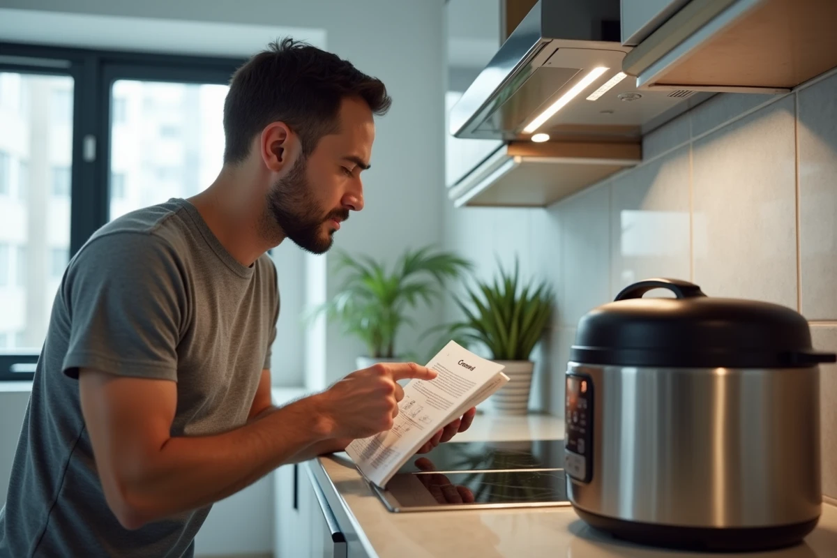 Homme consultant le manuel d'utilisation pour résoudre le code erreur 24 de son Cookeo