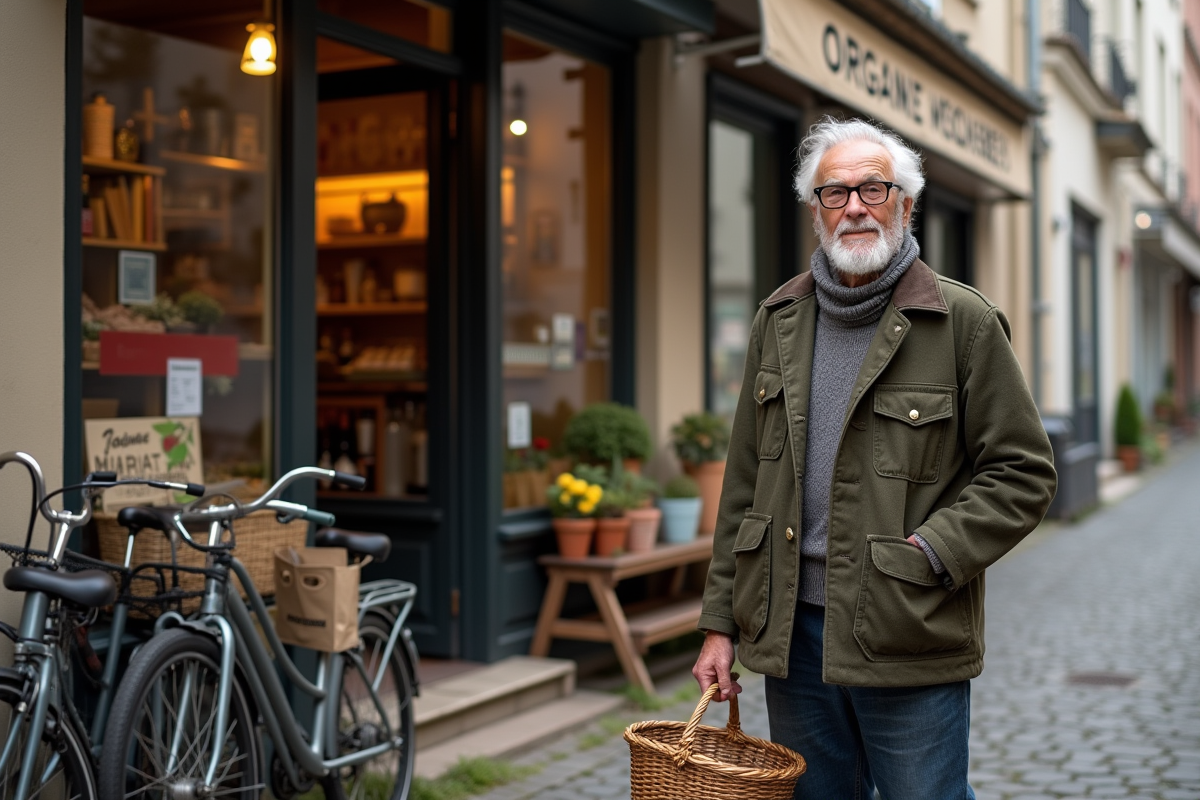 Homme âgé devant une épicerie bio traditionnelle en France