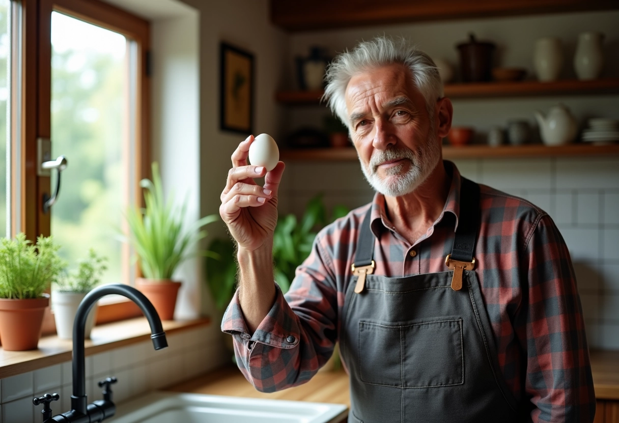 Homme âgé observe un œuf dans une cuisine chaleureuse