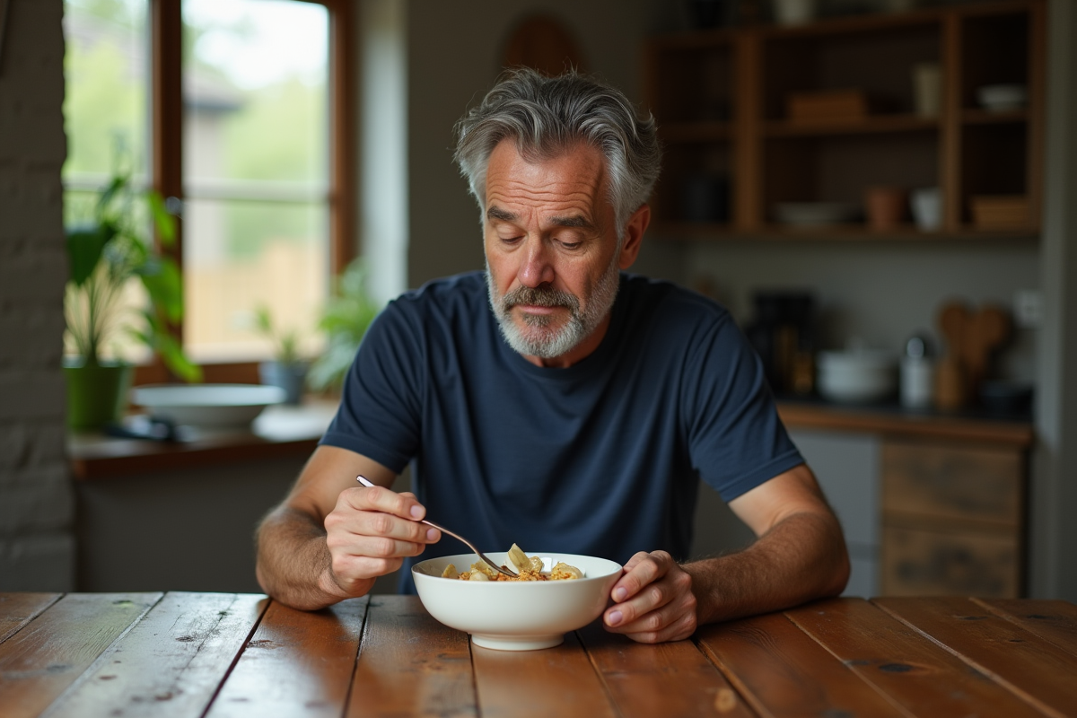 Homme hésitant à ajouter des bananes dans son bol de céréales
