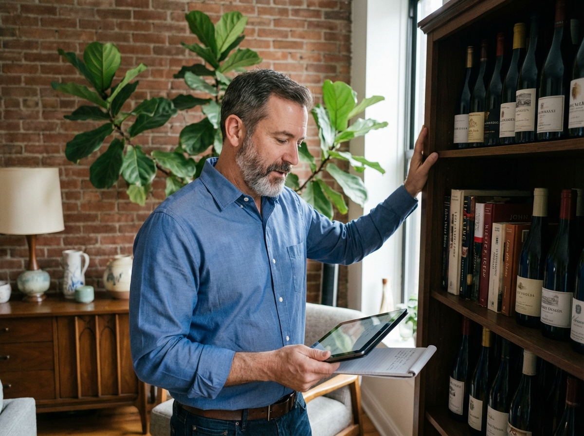 Homme en chemise bleue comparant des notes près d