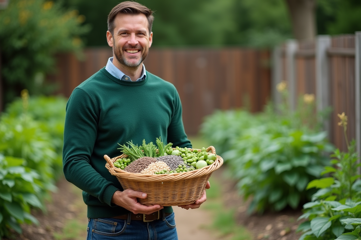 Homme avec panier de légumes dans un jardin communautaire