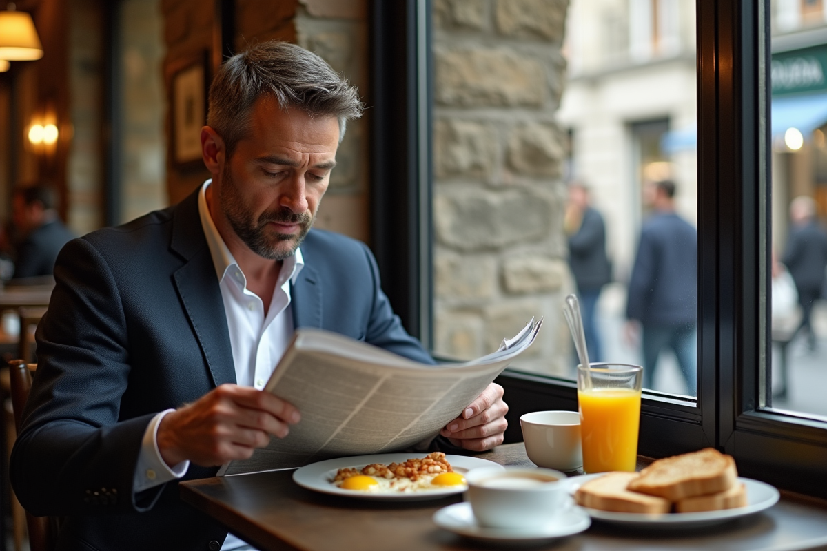 Homme d age moyen dégustant un petit déjeuner dans un café urbain