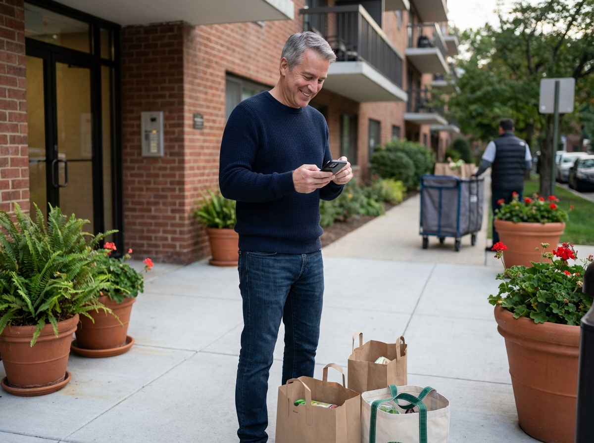 Homme vérifiant sa livraison de courses dehors
