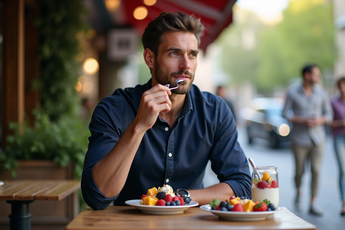 Homme appréciant un parfait aux fruits dans un café en plein air