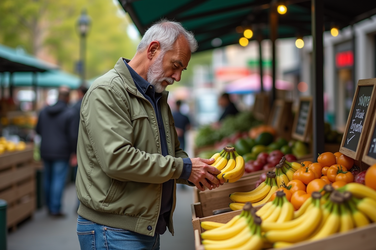 Homme inspectant bananes au marché en plein air
