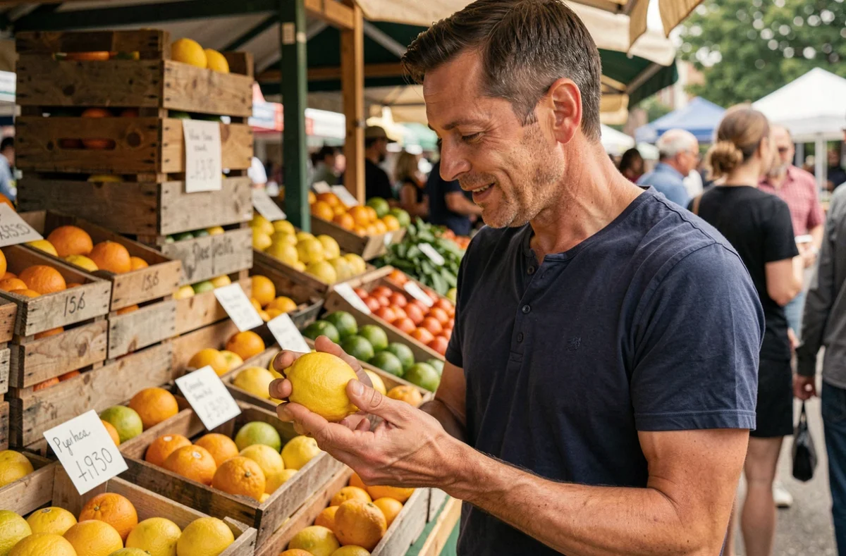 Homme en pull henley marine inspectant un citron non traité sur un marché de producteurs, avec des caisses de fruits colorées en arrière-plan, illustrant une approche authentique et créative des ingrédients classiques