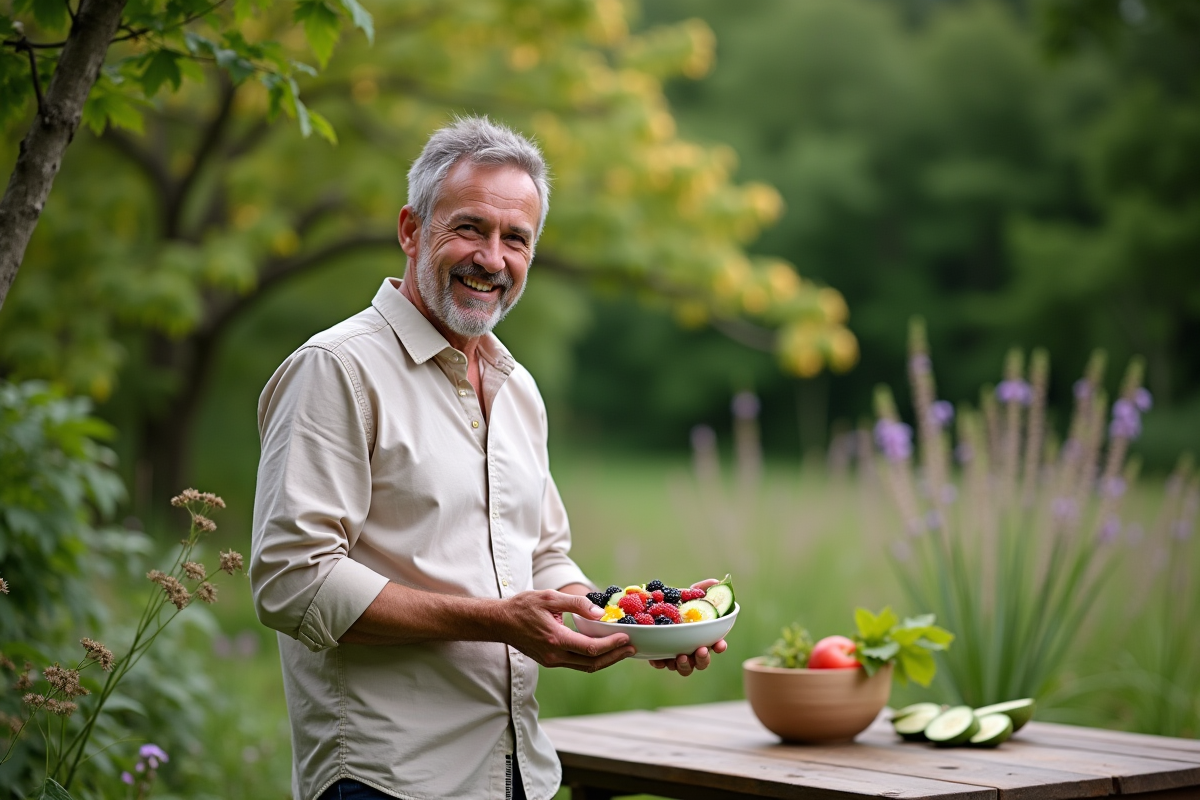 Homme souriant avec bol de fruits et légumes dans le jardin