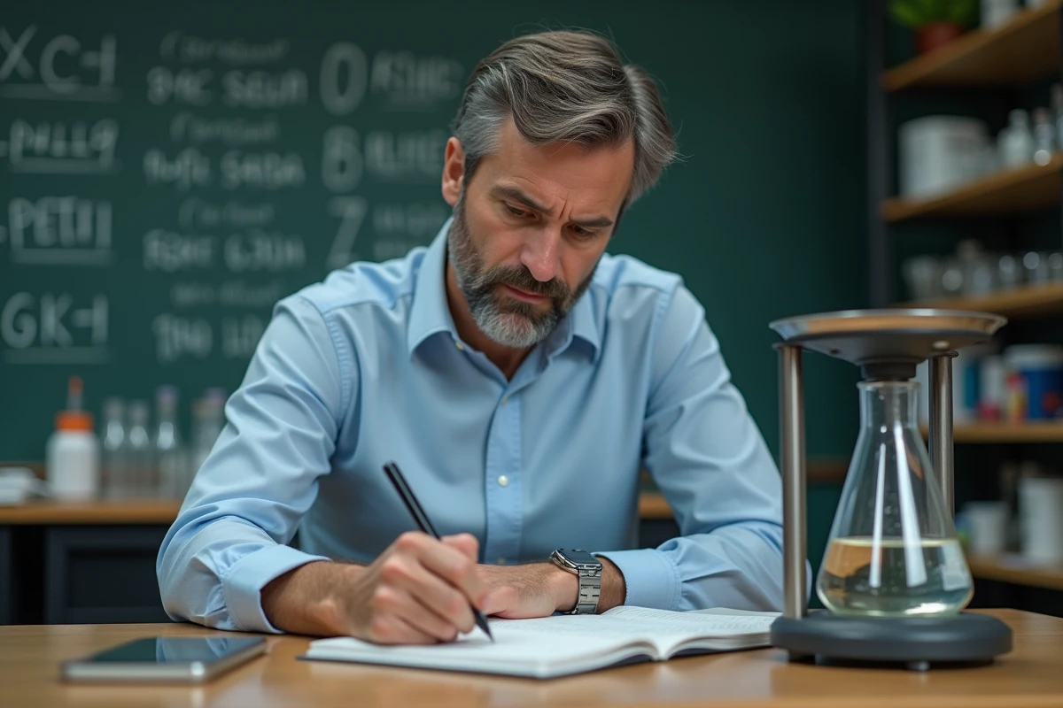 Homme en laboratoire note près d’un bécher avec liquide et balance
