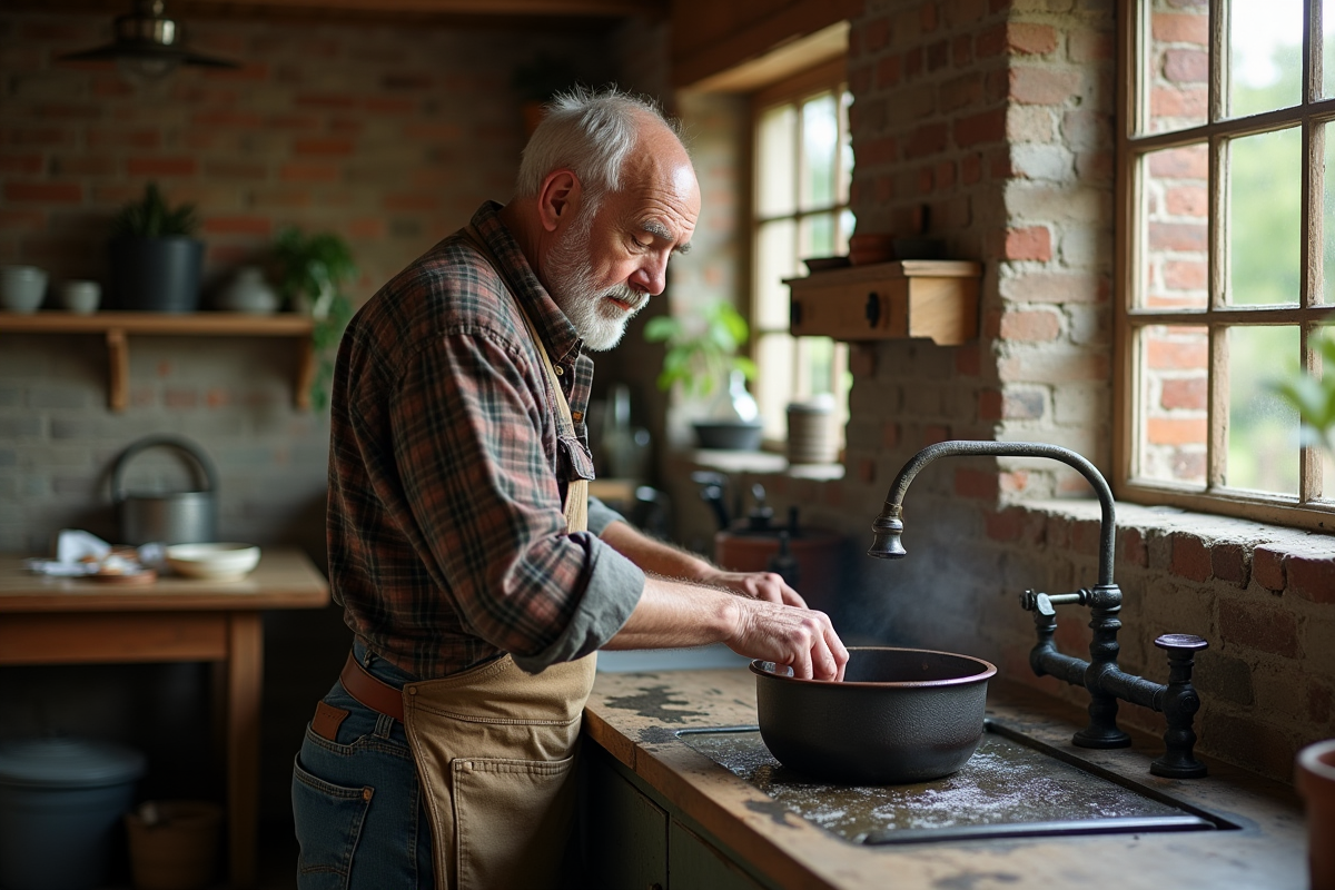 Homme âgé nettoyant une poêle en fonte dans une cuisine rustique