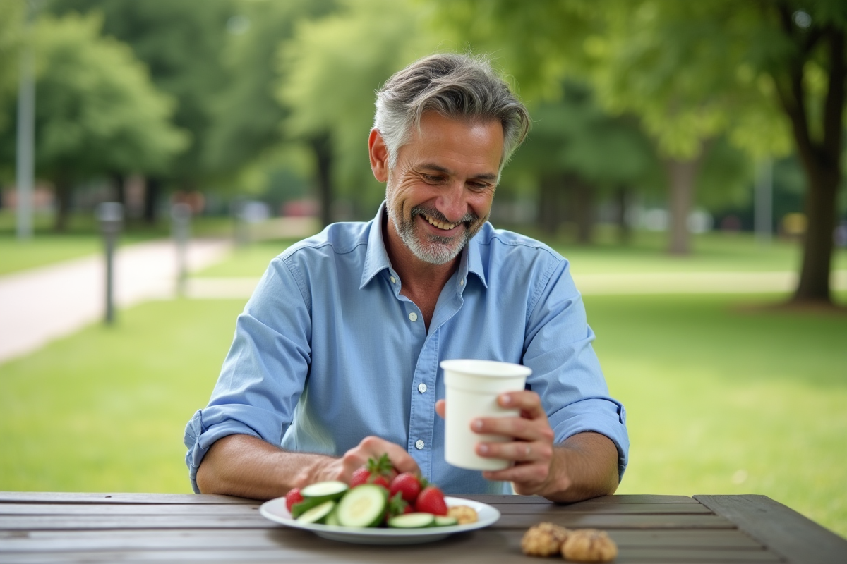 Homme lisant les infos nutritionnelles en plein air