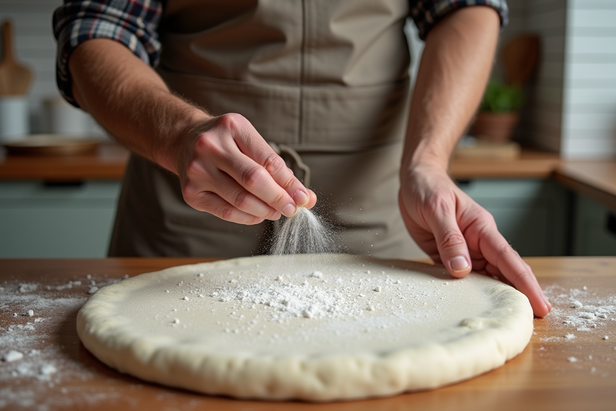 Homme en cuisine saupoudrant de la semoule sur une pierre à pizza