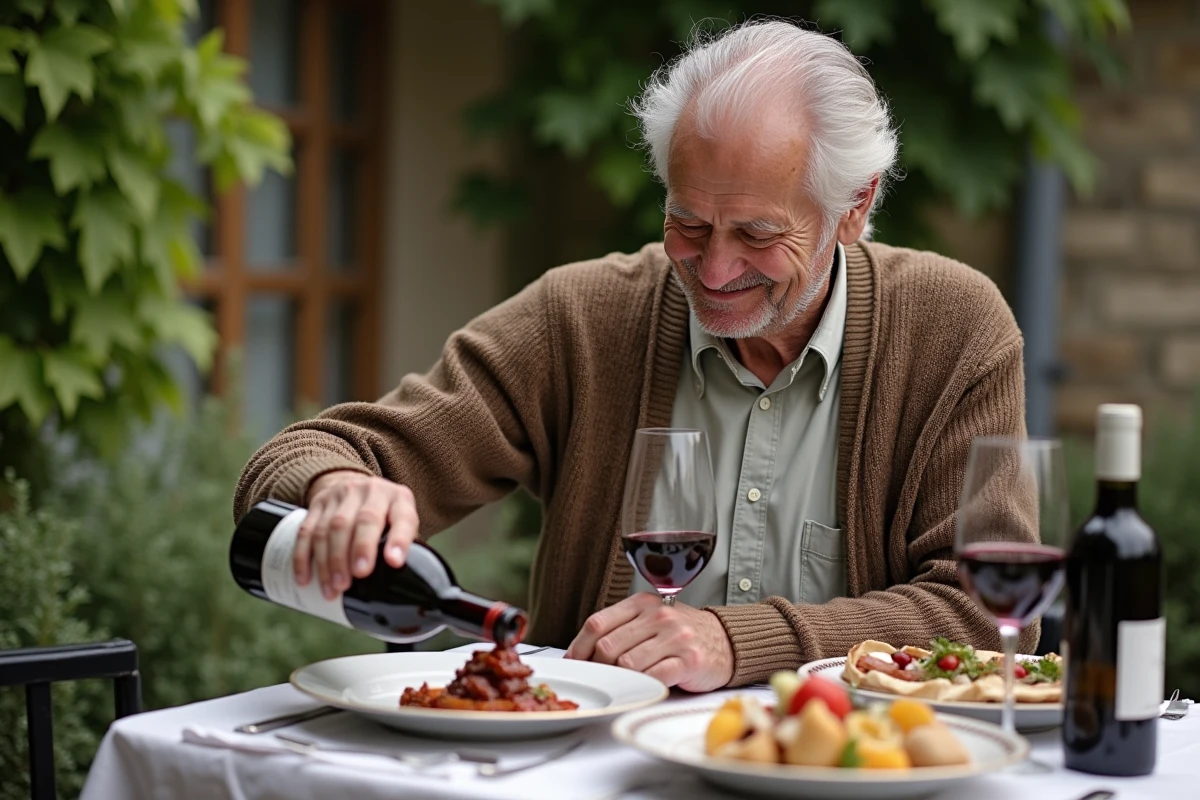 Homme âgé servant du boudin noir sur une terrasse en plein air