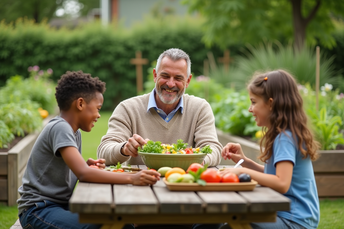Homme partageant une salade avec des enfants dans un jardin
