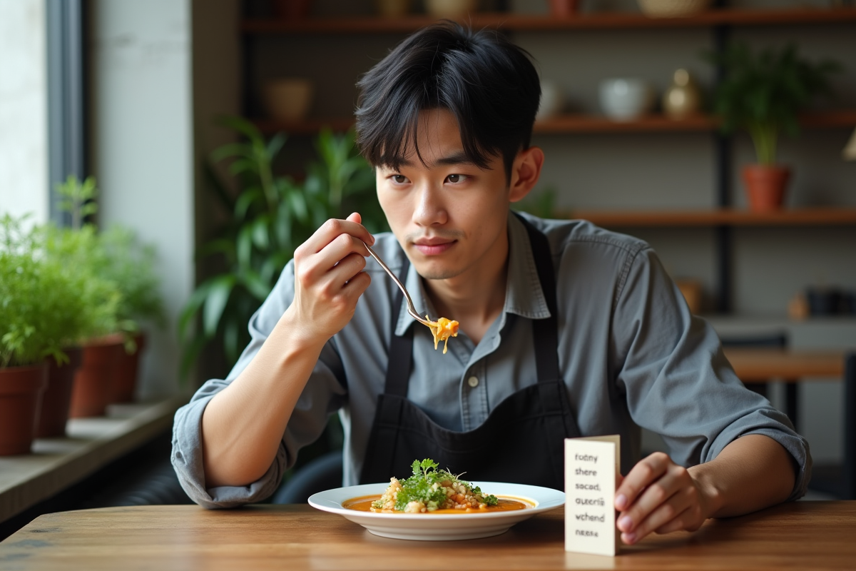 Jeune homme dégustant une soupe dans un restaurant moderne