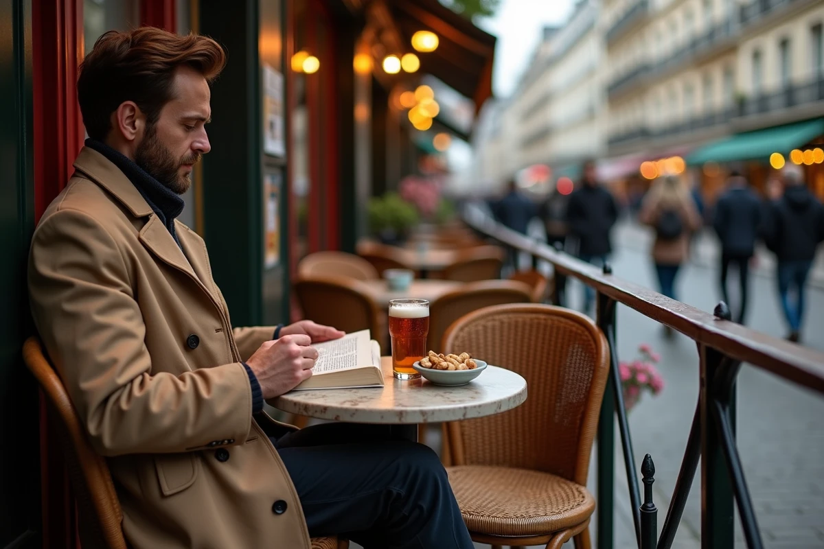 Homme seul lisant un livre en terrasse parisienne avec une bière et des géraniums en arrière-plan