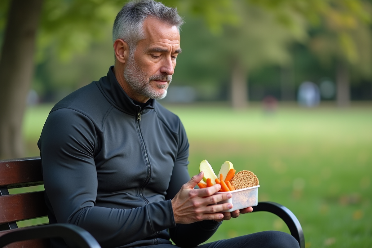 Homme avec snack sain assis dans un parc urbain