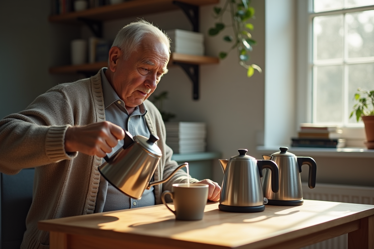 Homme verse de l eau chaude dans une tasse avec bouilloire en inox