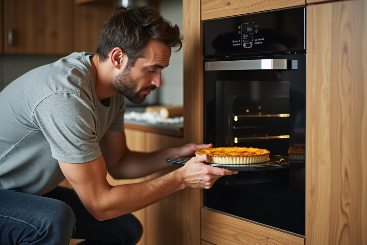 Homme vérifiant la cuisson d'une quiche dans un four à chaleur statique