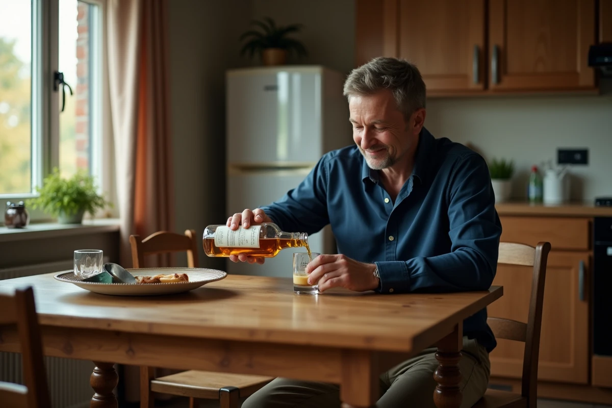 Homme versant du whisky irlandais dans un verre à table