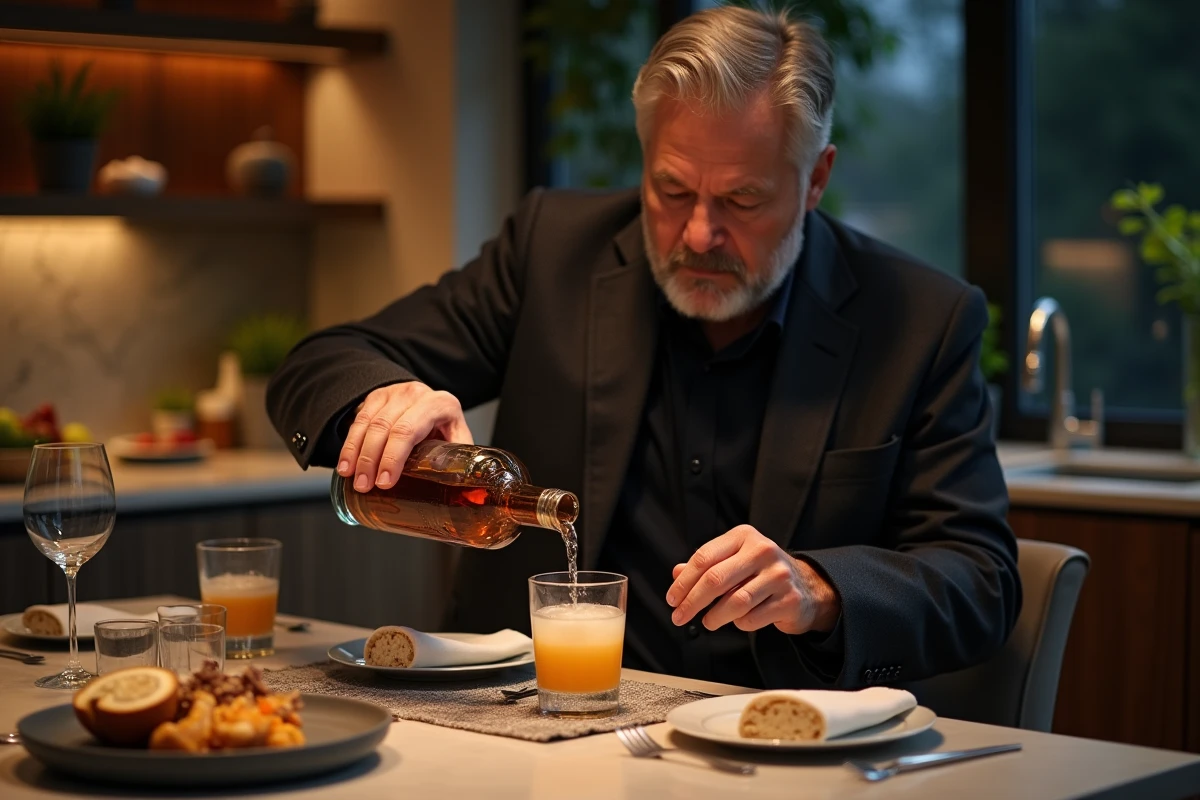 Homme élégant versant un whisky irlandais sur glace dans la cuisine