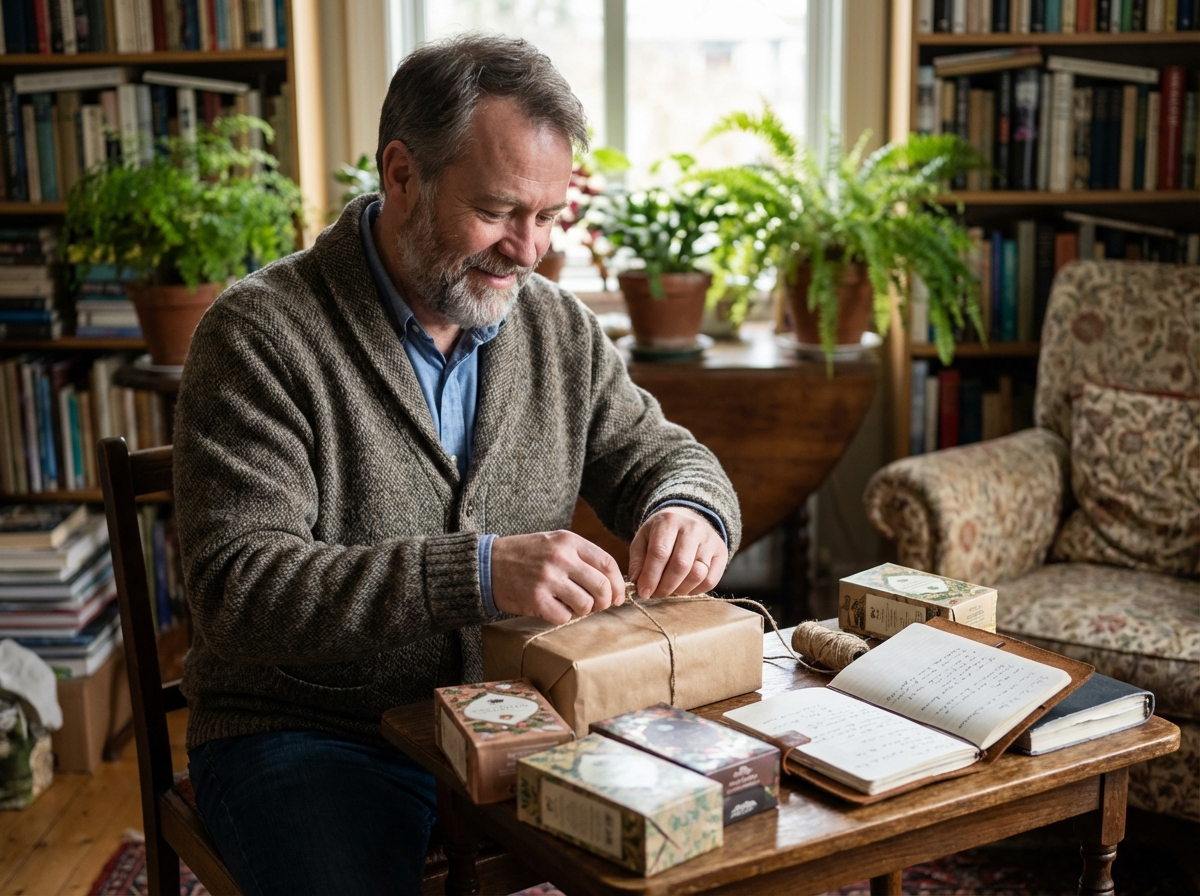 Homme emballant une boîte de thé dans un salon cosy