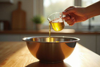 Main versant 10 ml d huile d olive dans un bol en inox