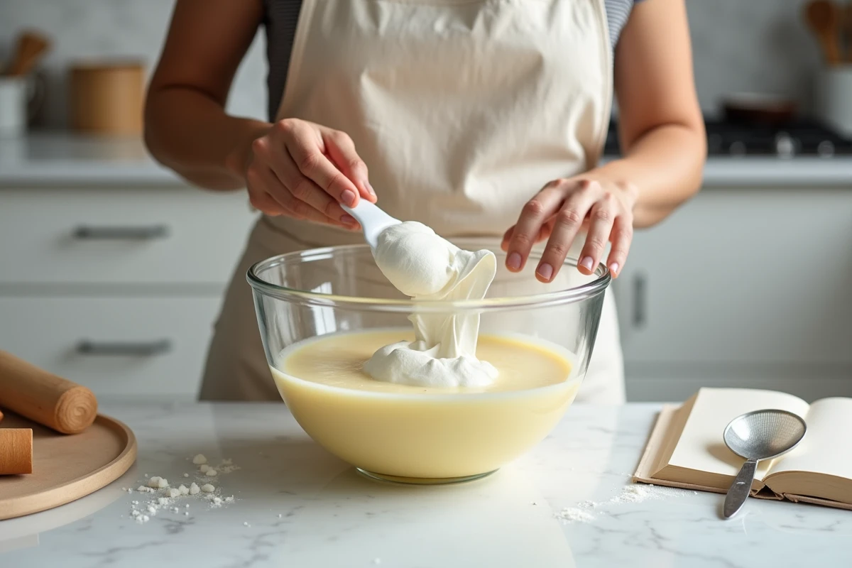 Femme incorporant délicatement des blancs en neige à la préparation de biscuits cuillère dans un bol en verre sur un plan de travail en marbre