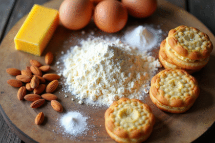 Vue de dessus des ingrédients pour biscuits Joconde sur une table en bois