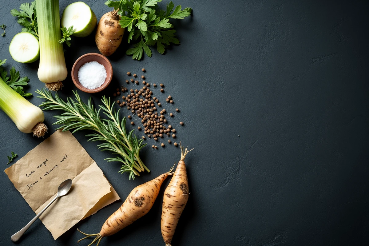 Vue de dessus des ingrédients bruts pour une potée revisitée, légumes de saison disposés en flat-lay sur une ardoise sombre avec des notes de recette manuscrites