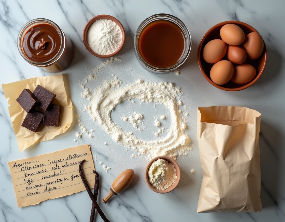 Ingrédients pour gâteau crème de marrons et chocolat disposés en flat lay sur marbre avec recette manuscrite en français