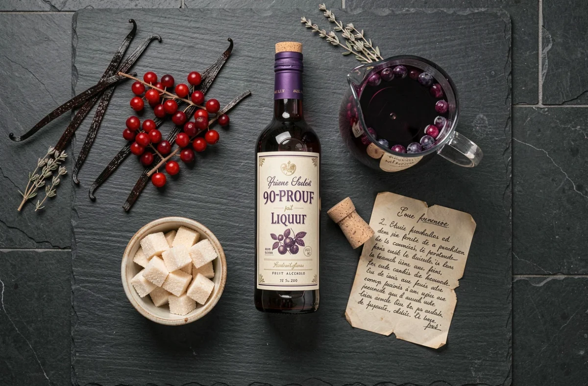 Vue aérienne d'ingrédients pour liqueur maison avec alcool pour fruits, baies rouges, vanille et sucre sur ardoise sombre