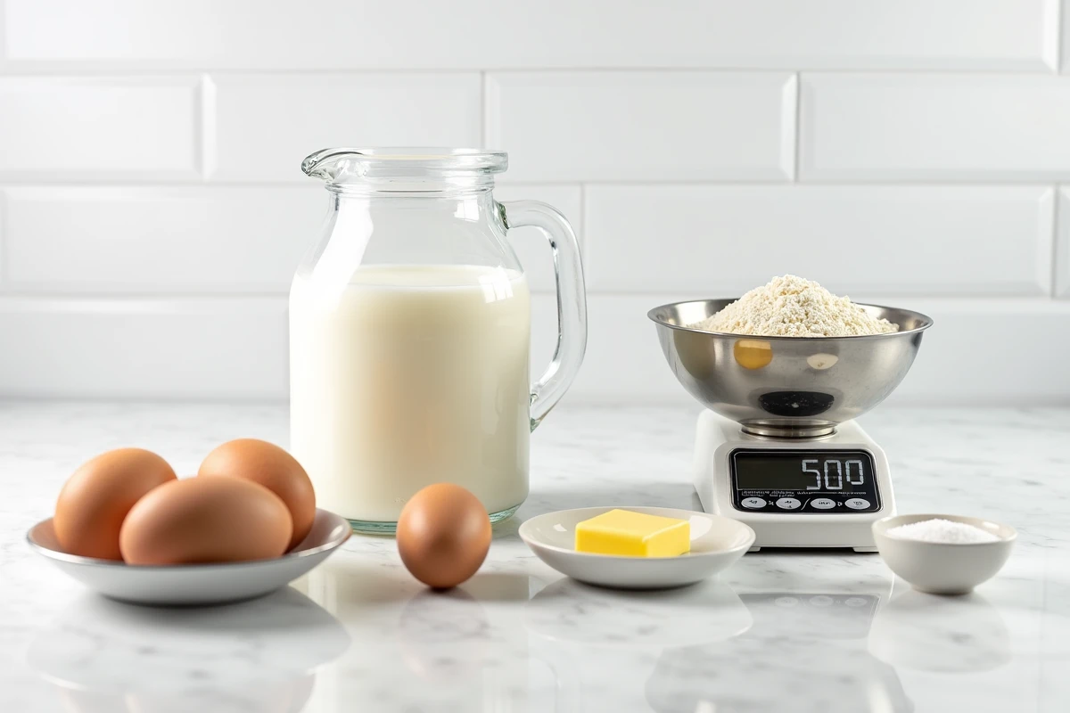 Ingrédients mesurés pour pâte à crêpe avec 500g de farine et 1 litre de lait sur un plan de travail en marbre blanc